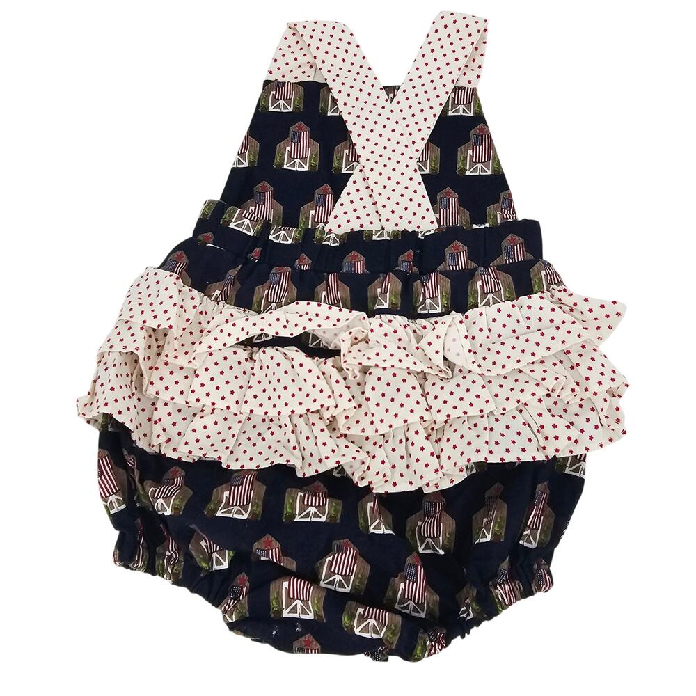 Handmade American Flag Farm Barn Ruffle Bubble Romper Baby Girl 3 months 3478